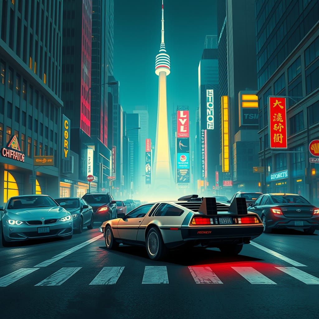 Futuristic City Street at Dusk with Retrofitted DeLorean