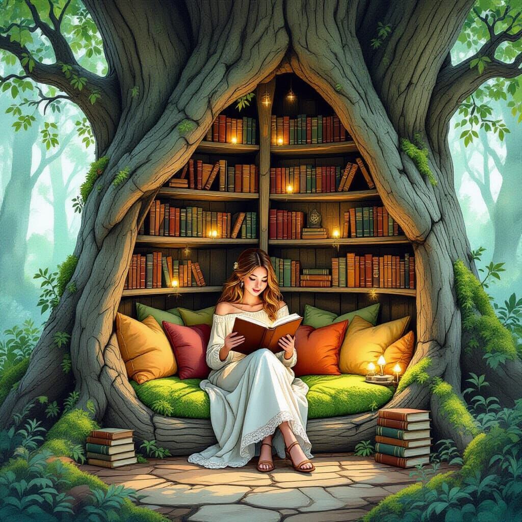 Cozy Tree Reading Nook with Bioluminescent Fungi