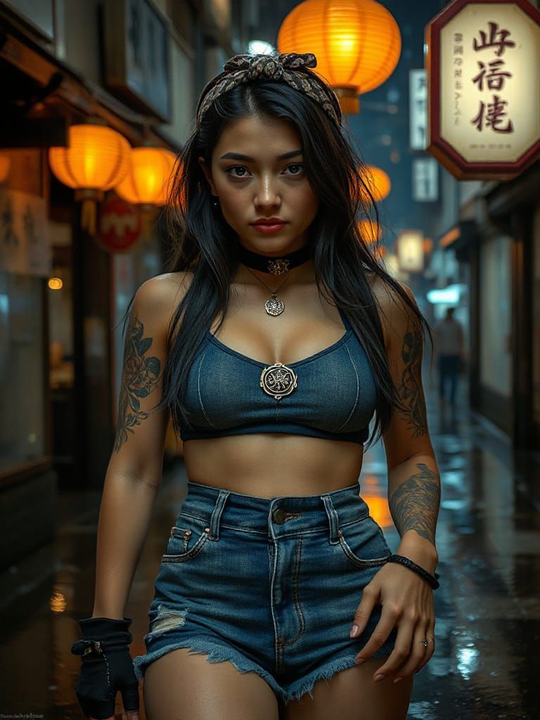 Cyberpunk Portrait: Woman with Tattoos in City Alley