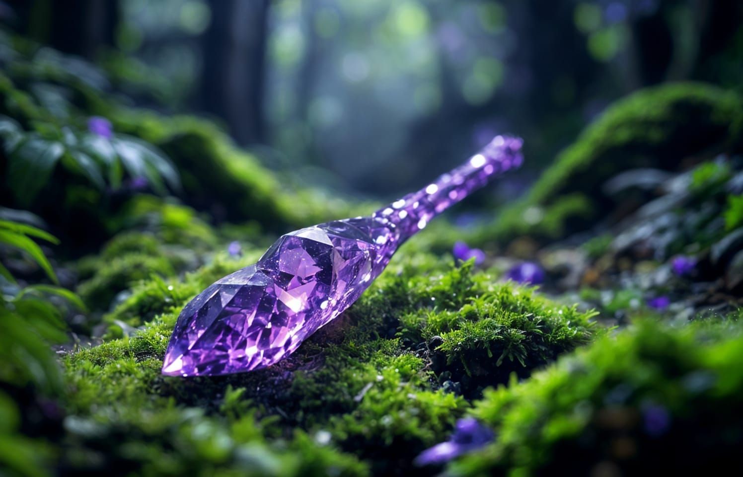 Majestic Amethyst Wand in a Mystical Forest Glade