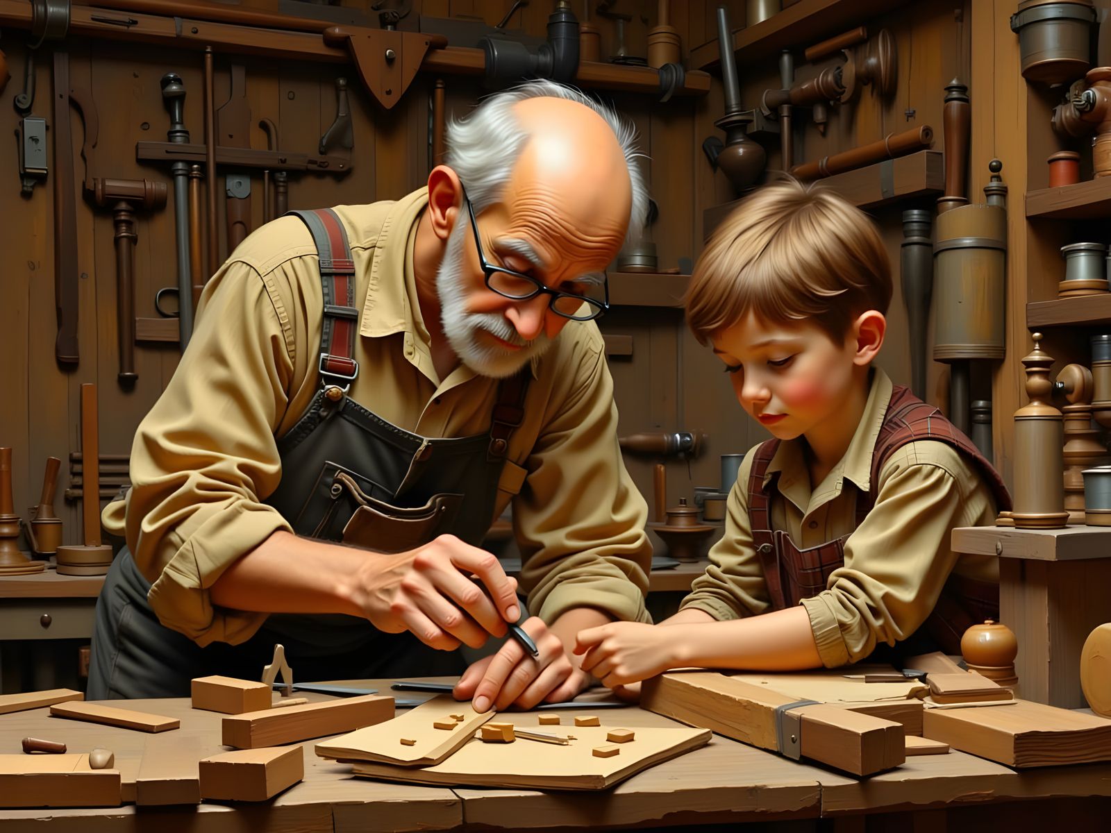 Elderly Man Teaches Boy Woodworking in Norman Rockwell Style