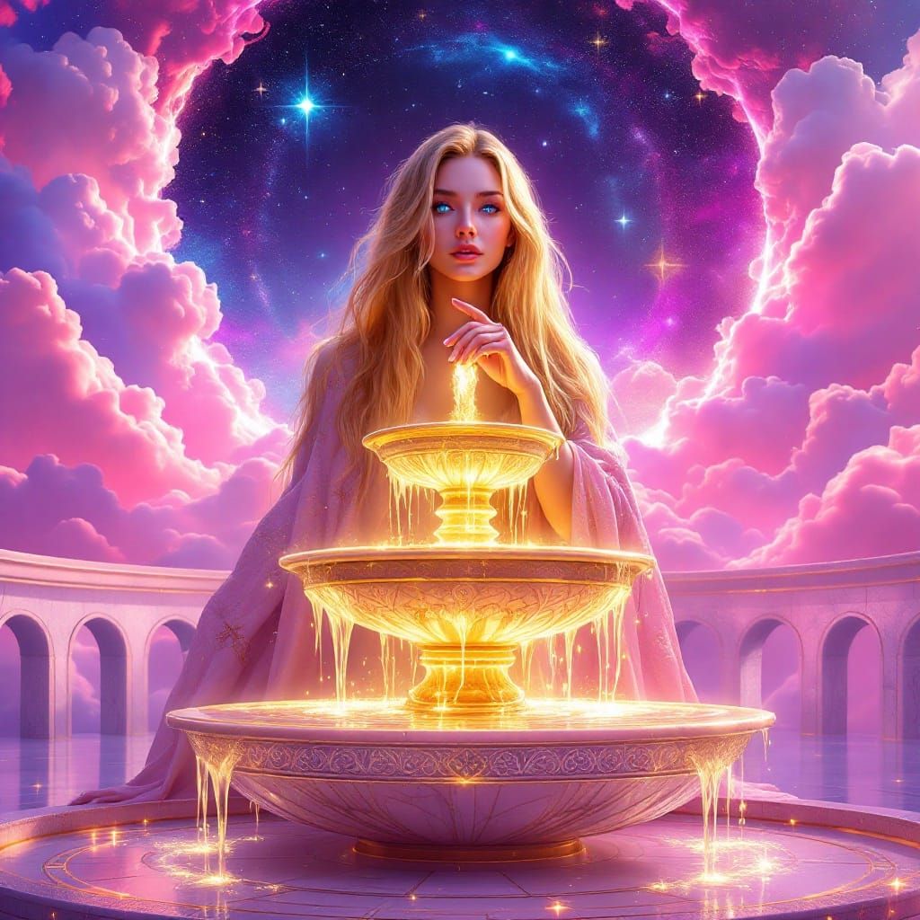Golden Fountain Activation in Ethereal Cosmic Scene