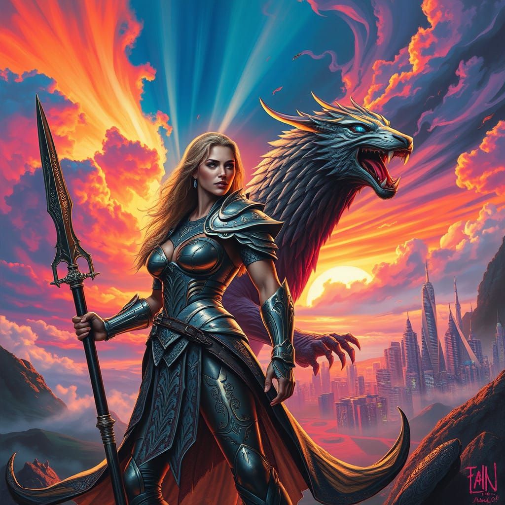 Cyberpunk Goddess of Battle in Dystopian Landscape