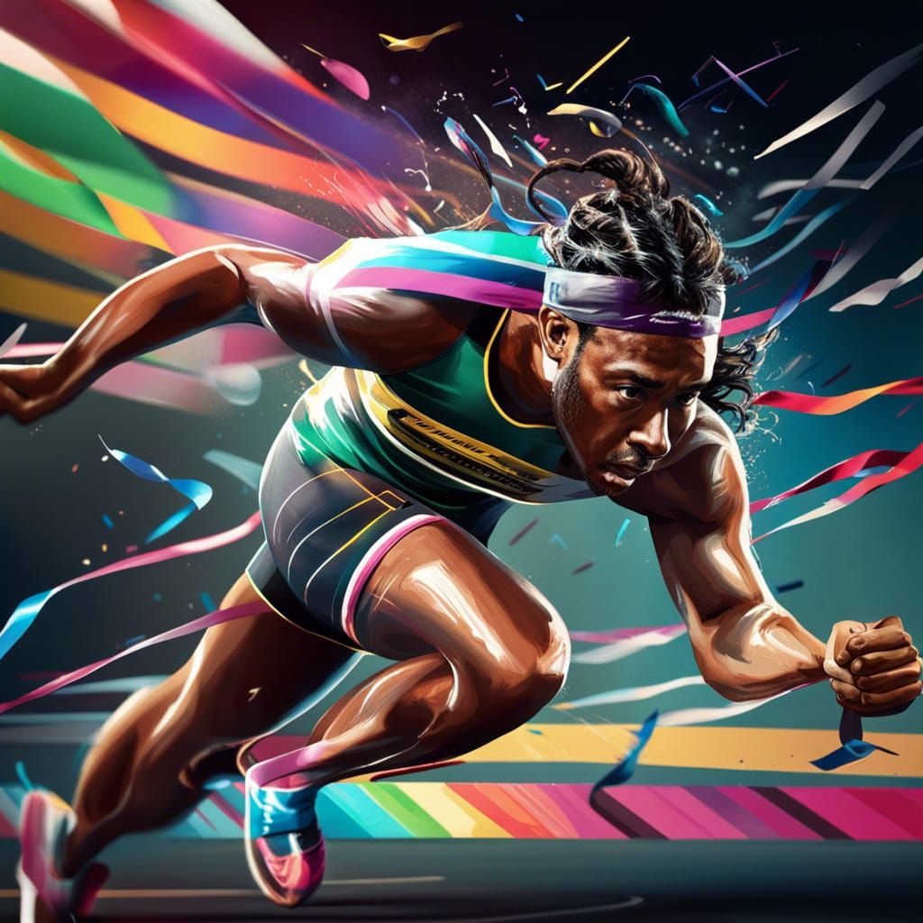 Sprinter Breaks Tape: Hyperrealistic Splash Art Victory