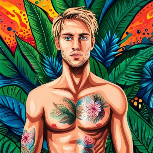 Tropical Paradise Graffiti Art of a Young Man