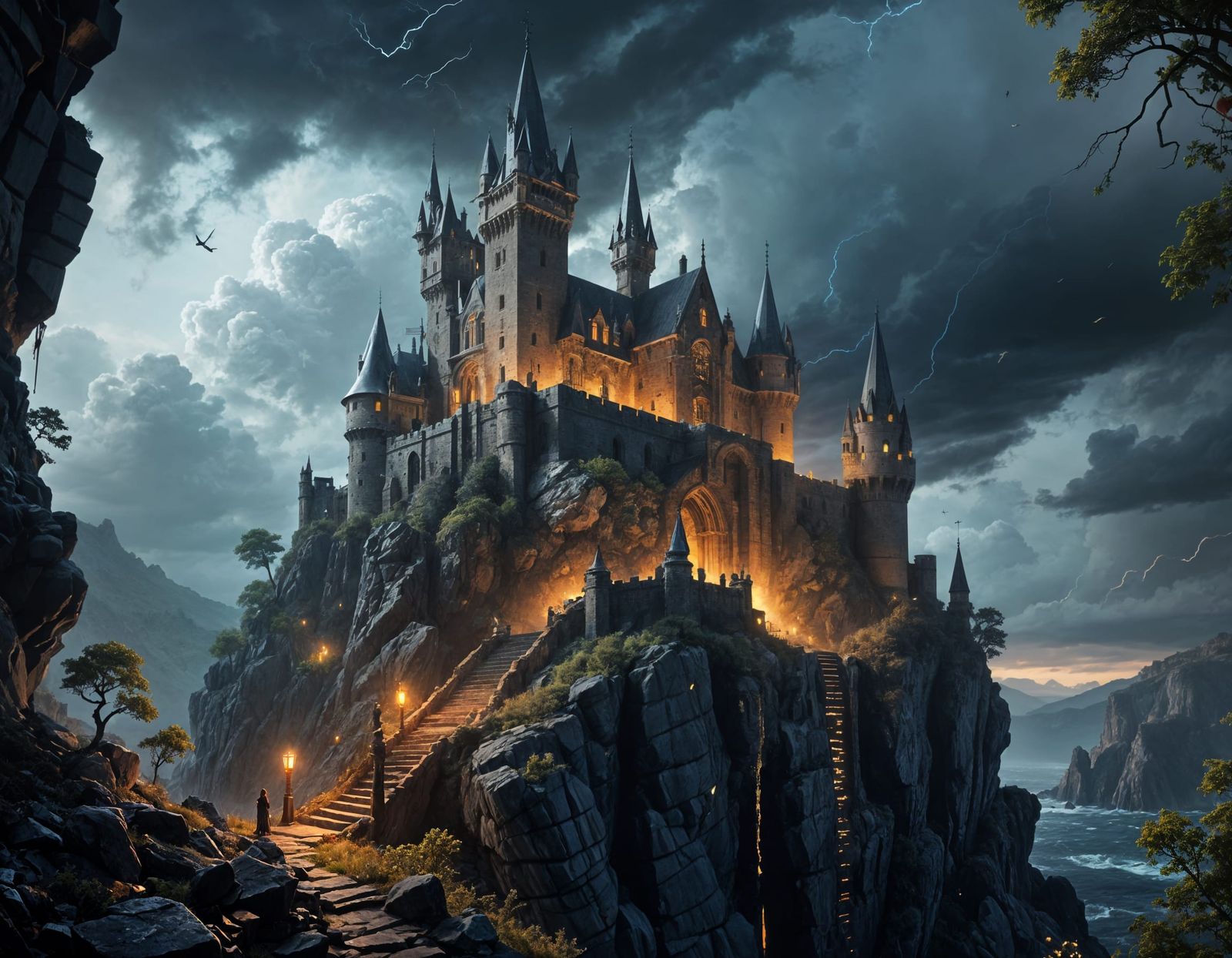 Ethereal Castle Silhouetted Against a Stormy Dusk Sky in Got...