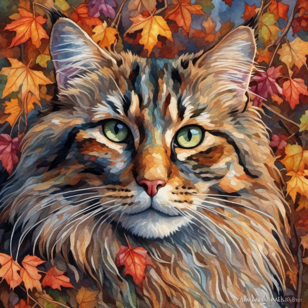 close-up portrait of  long-haired tabby cat sitting on tree ...