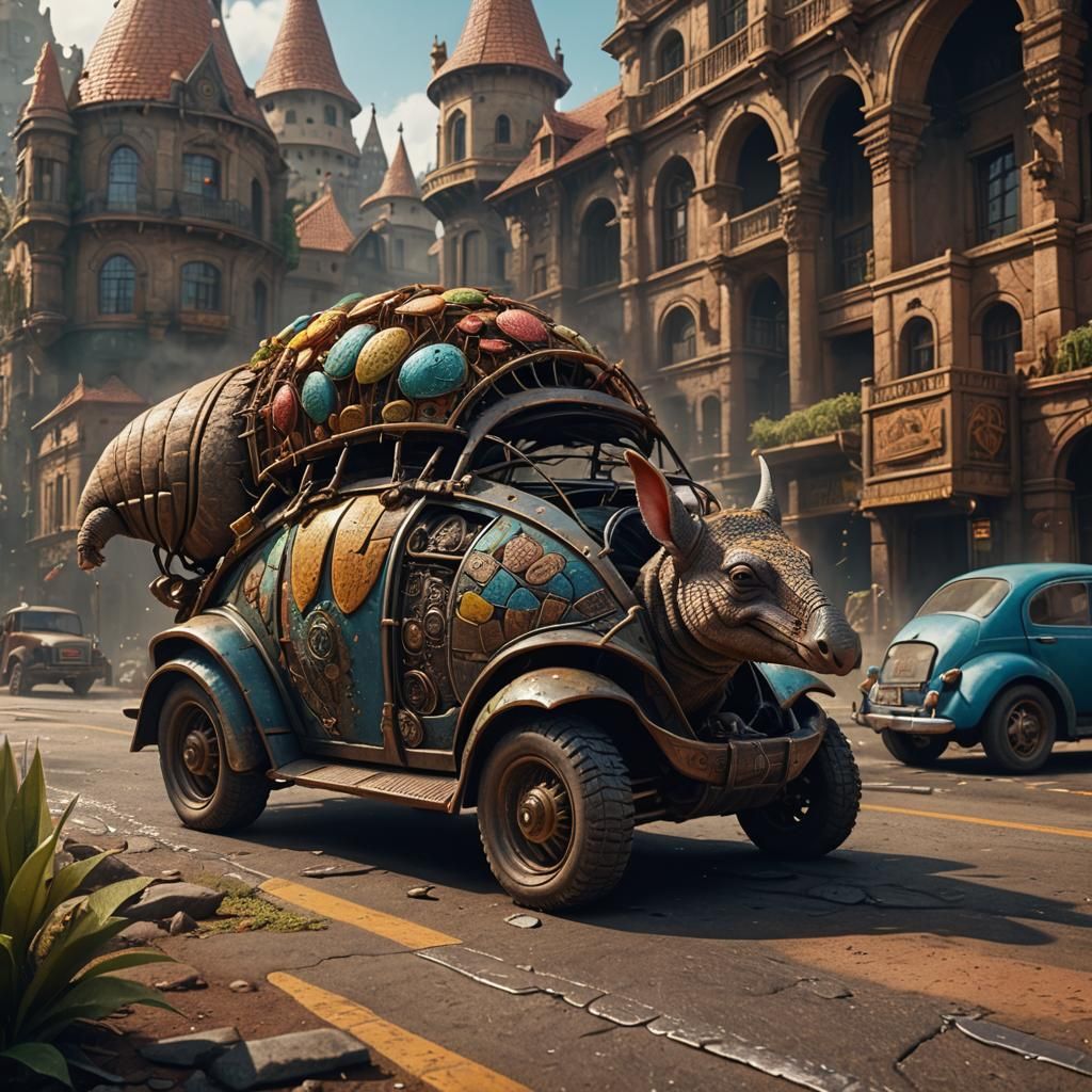 Armadillo Driving Car: Detailed Matte Painting