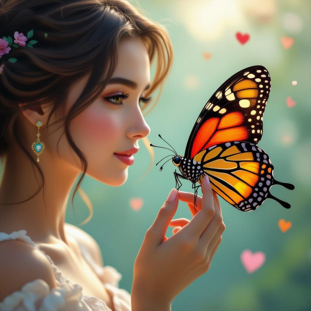 Romantic Woman with Butterfly in Art Nouveau Style
