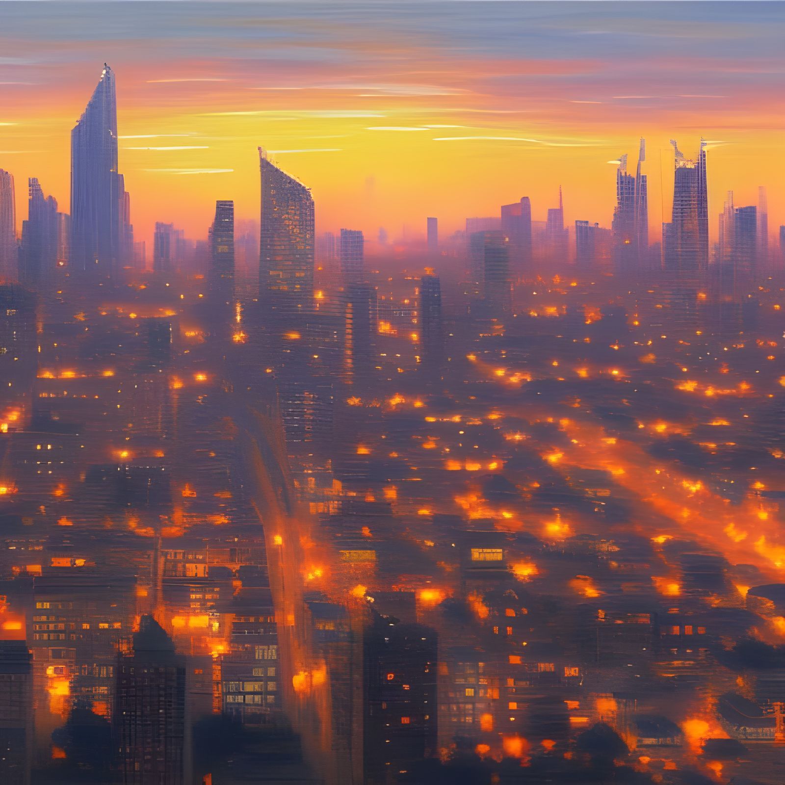 Sunset Cityscape Oil Painting, Artstation Quality