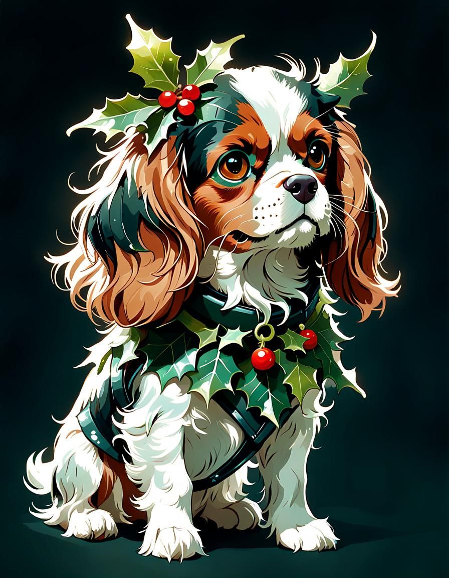 Cavalier King Charles Spaniel in Festive Holly Attire as Dig...