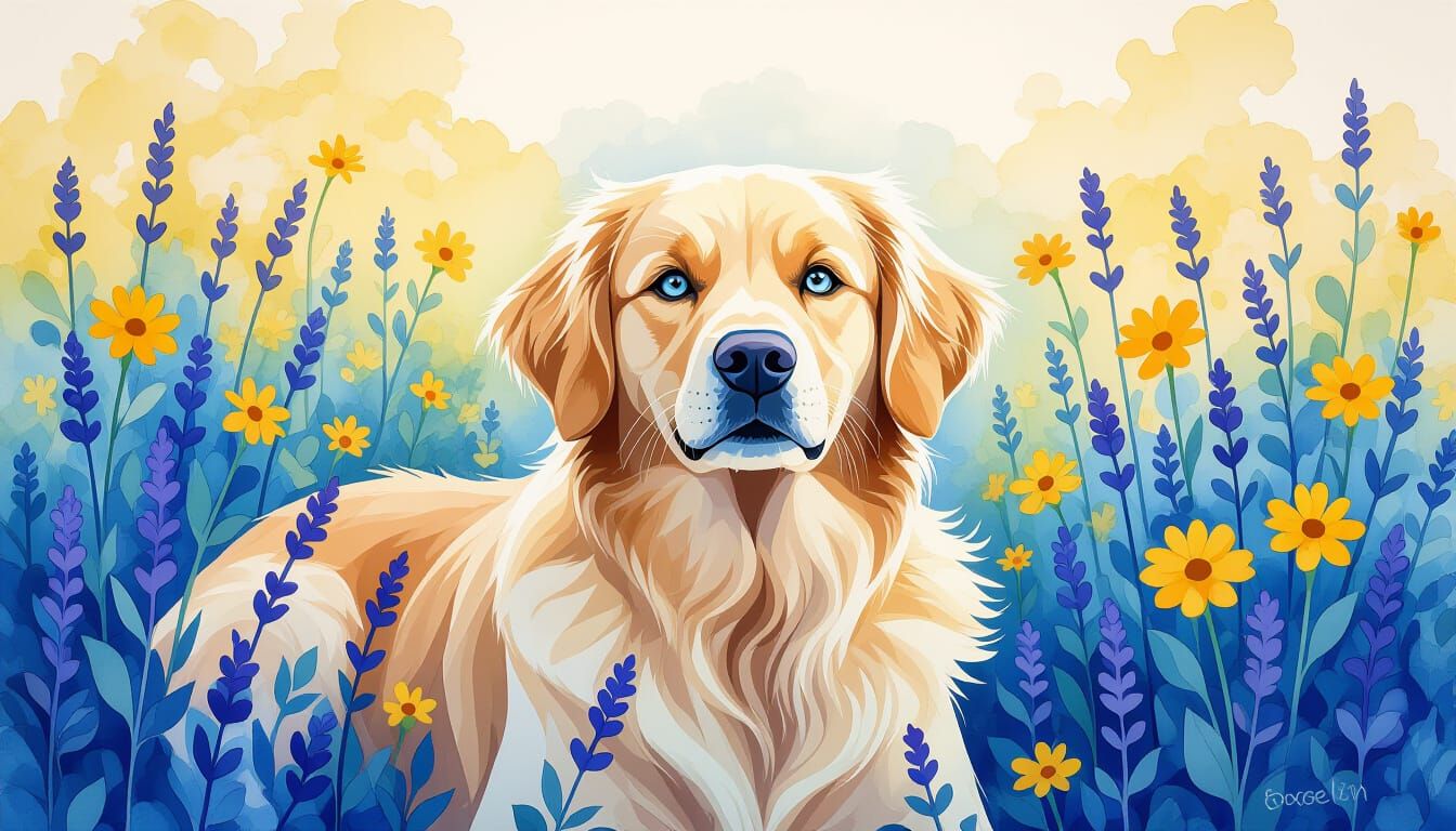 Golden Retriever in Dreamy Garden Watercolor Painting