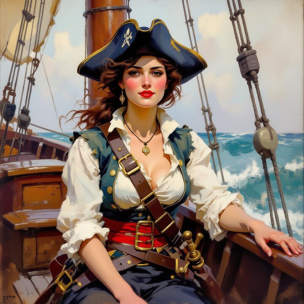 Winslow Homer Style Pirate Woman on Ship Deck
