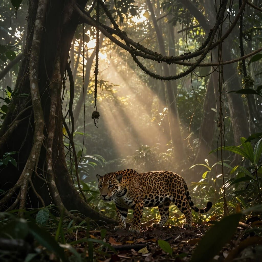 Hyperrealistic Jaguar in Misty Amazon Forest