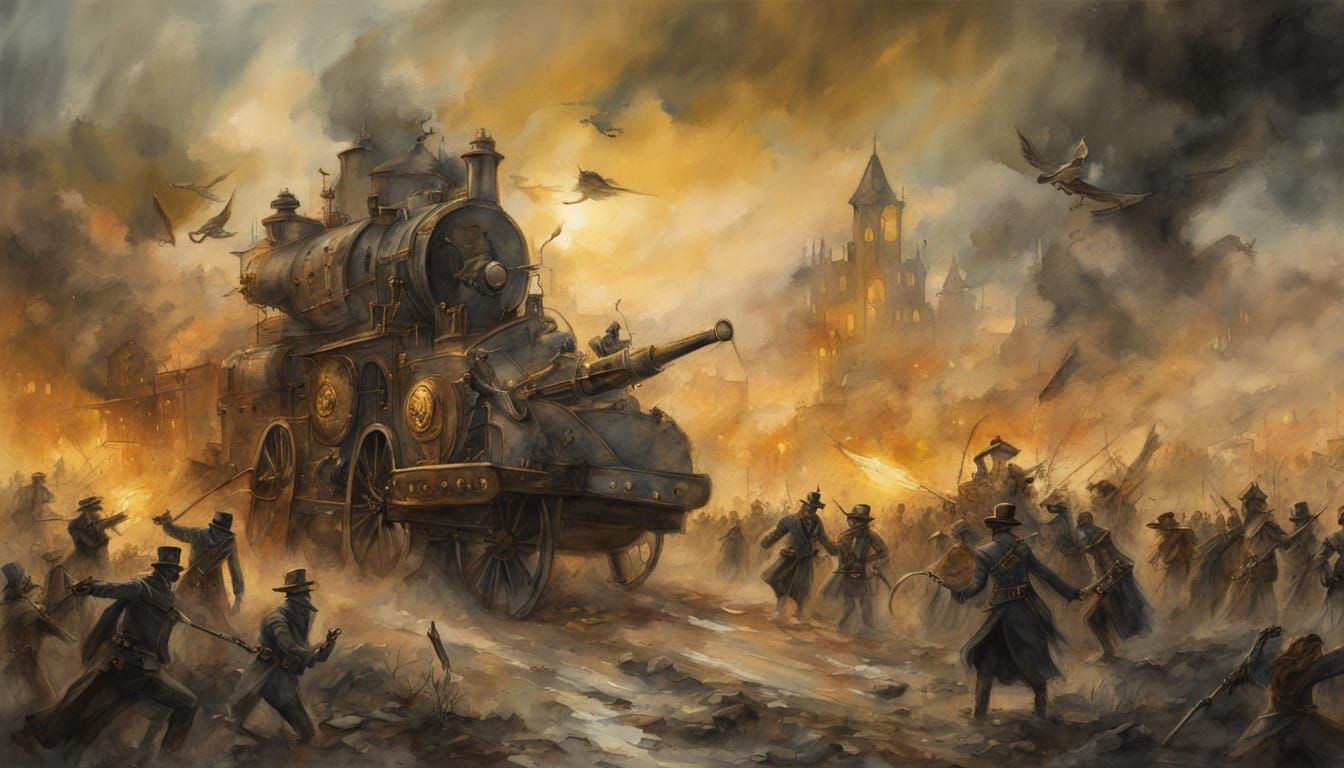 Gothic Steampunk Battle Scene Illuminated by Golden Pastel H...