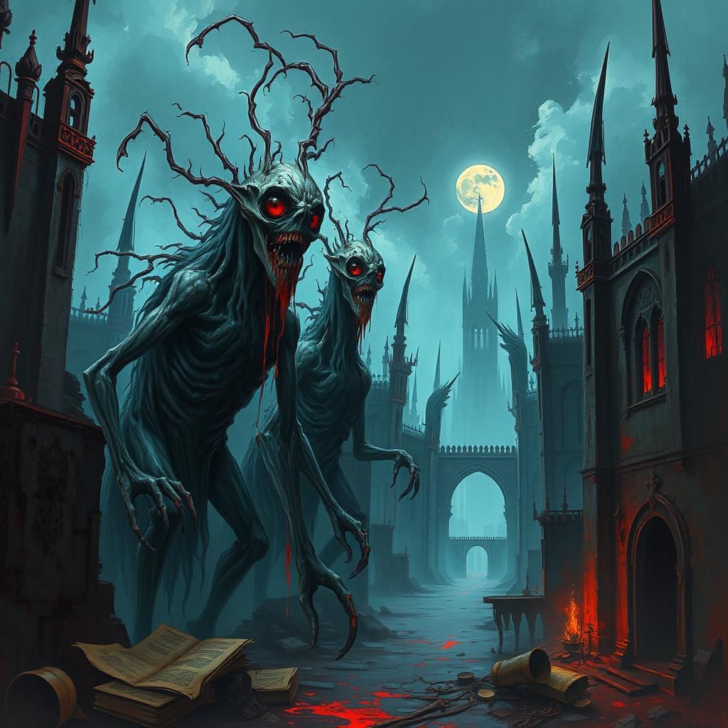 Nightmarish Biopunk Creatures in Gothic Cityscape