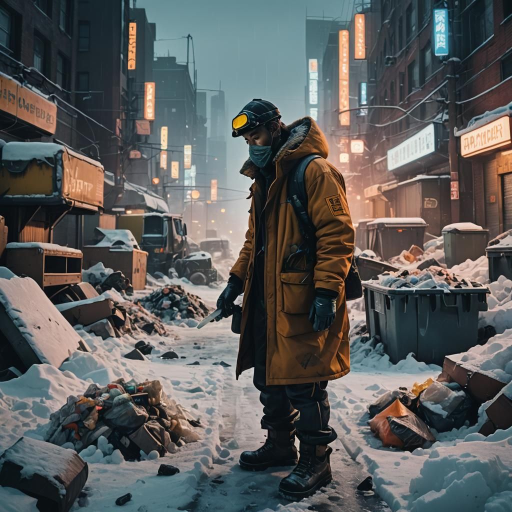 Cyberpunk Sanitation Worker Trudges Through Trash-Ridden Apo...