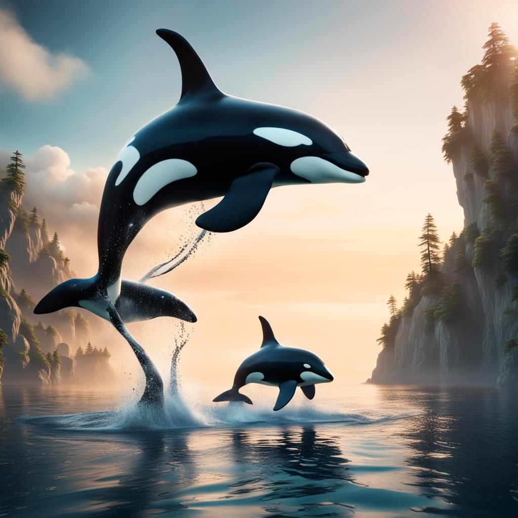 Two Orcas Swimming in a Deep Blue Ocean