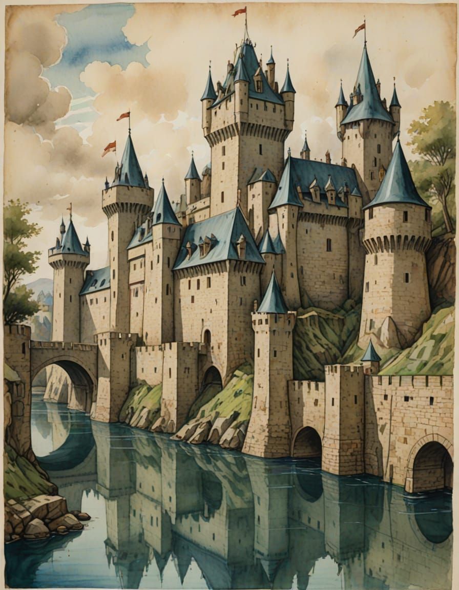 Medieval Fortress in Watercolor and Pencil, Old Master Style