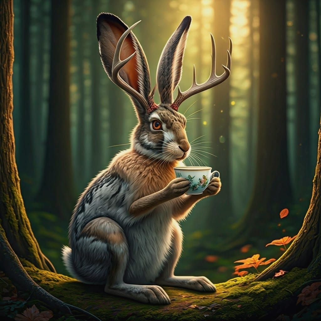 Surreal Fantasy Jackalope Sips Tea in Whimsical Forest