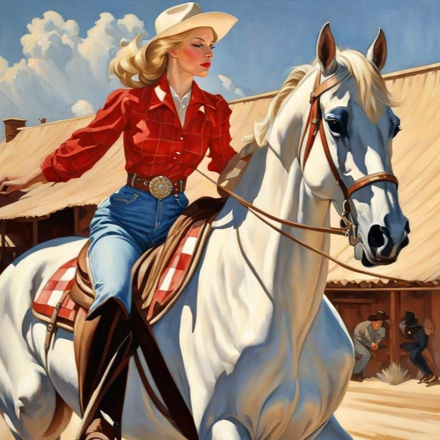 Art Deco Woman Rides White Horse in Deserted Street