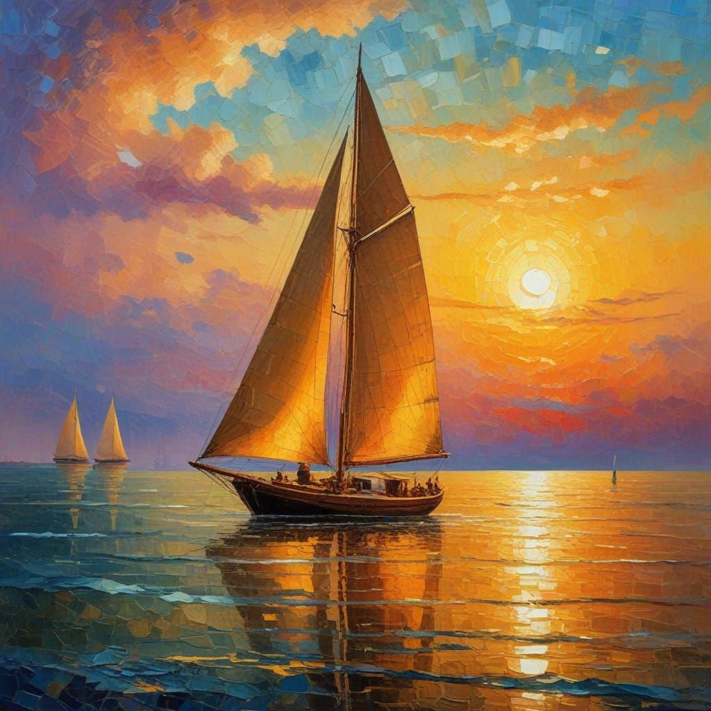 Vibrant Neo-Impressionist Sailboat Scene with Golden Lightin...