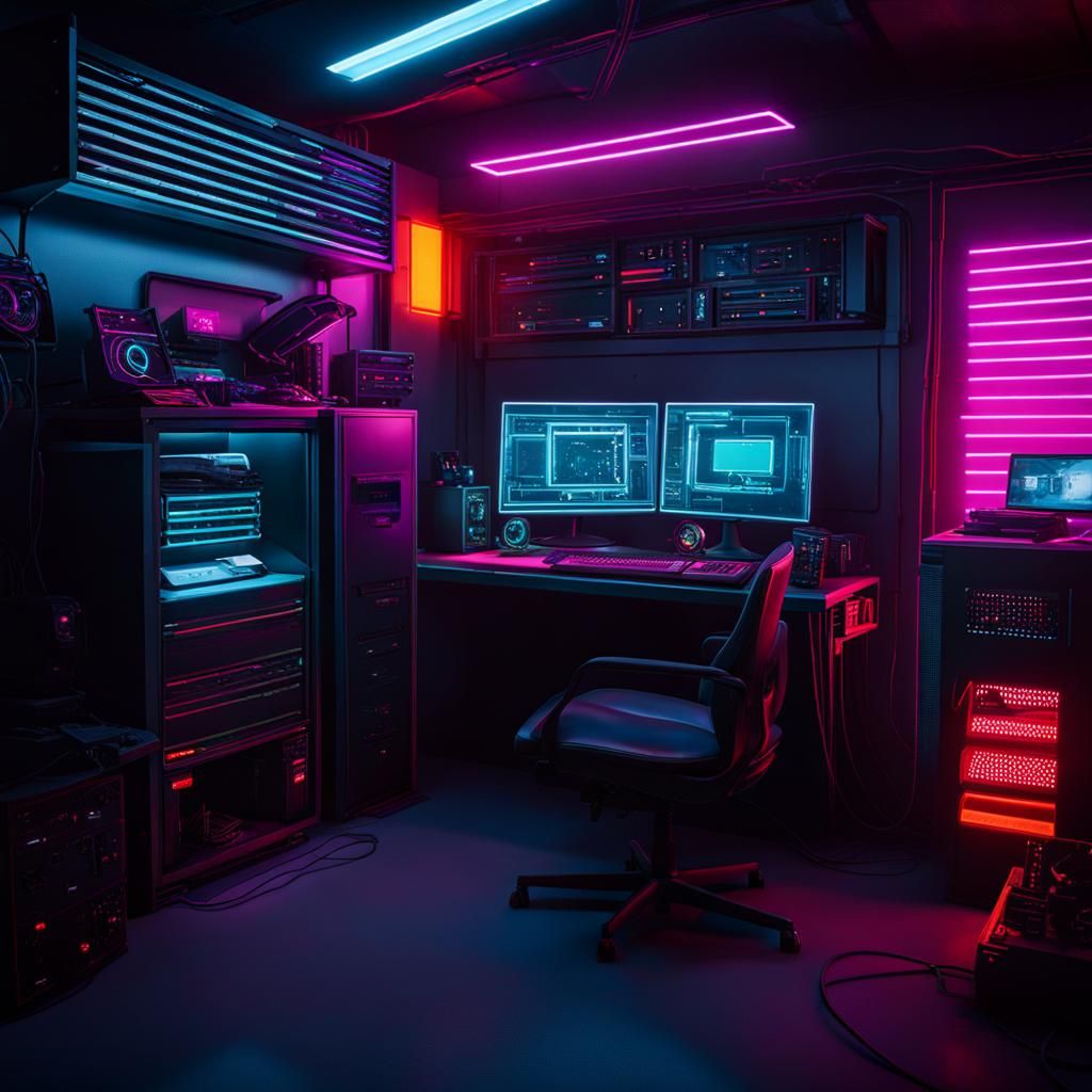 Cyberpunk Nerd's Garage with Old Tech