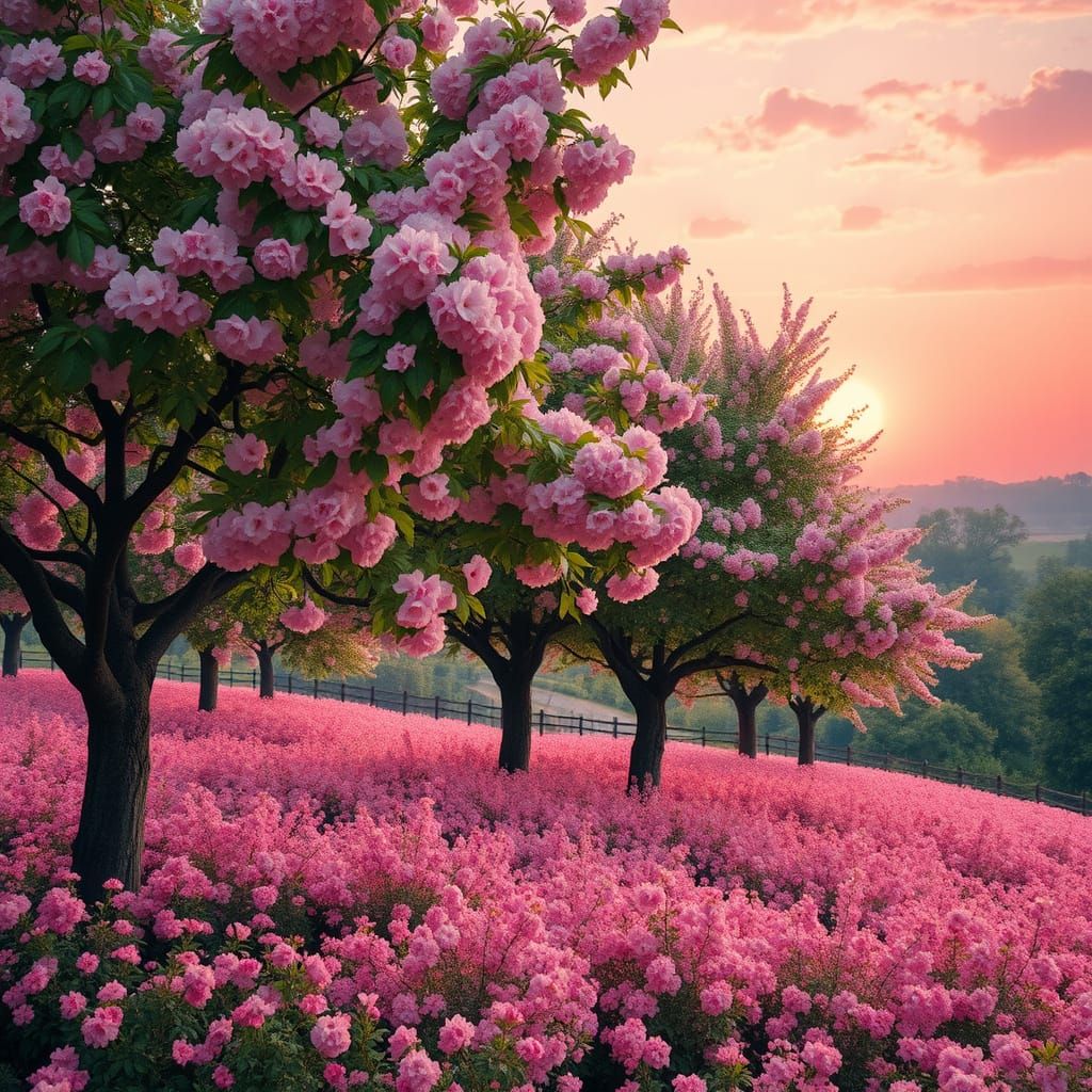 Cherry Blossom Paradise in a Warm Sunset Glow
