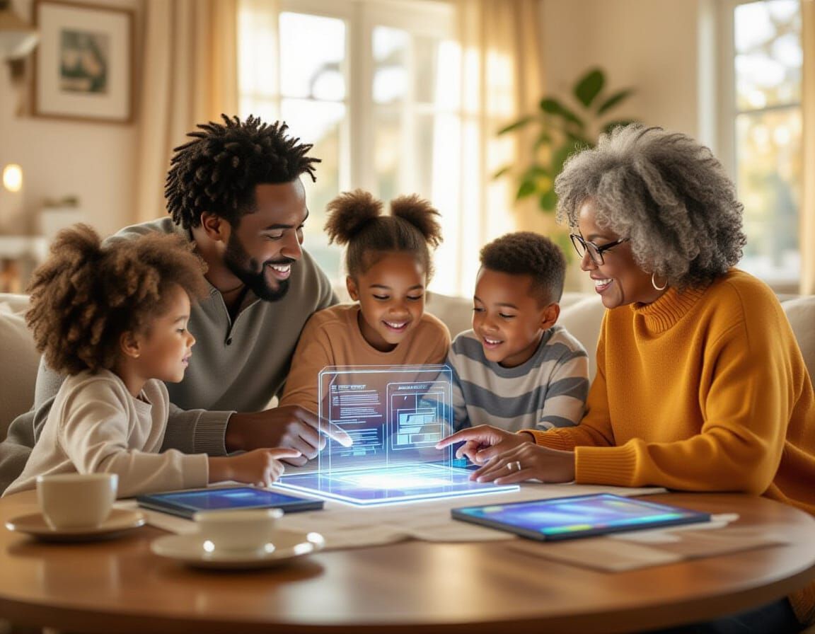African American Family With Holographic Books in Cozy Livin...