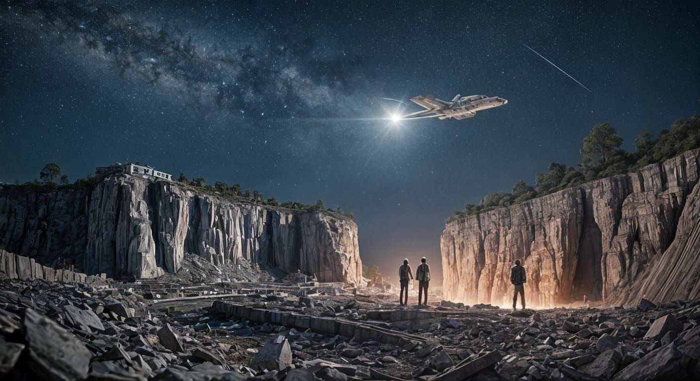 Abandoned Quarry on Alien Moon with Futuristic Jets