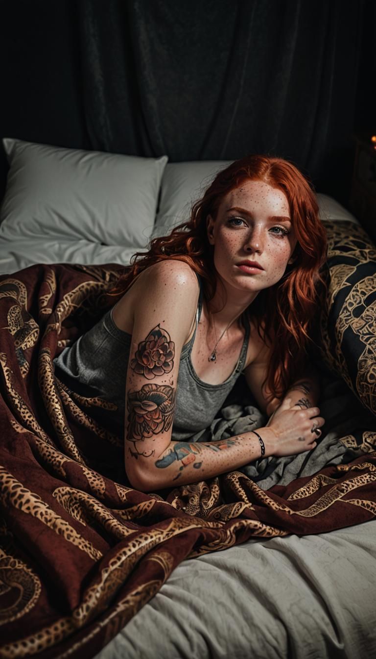 Beautiful Red haired girl with a Cobra tattoo reclining on h...