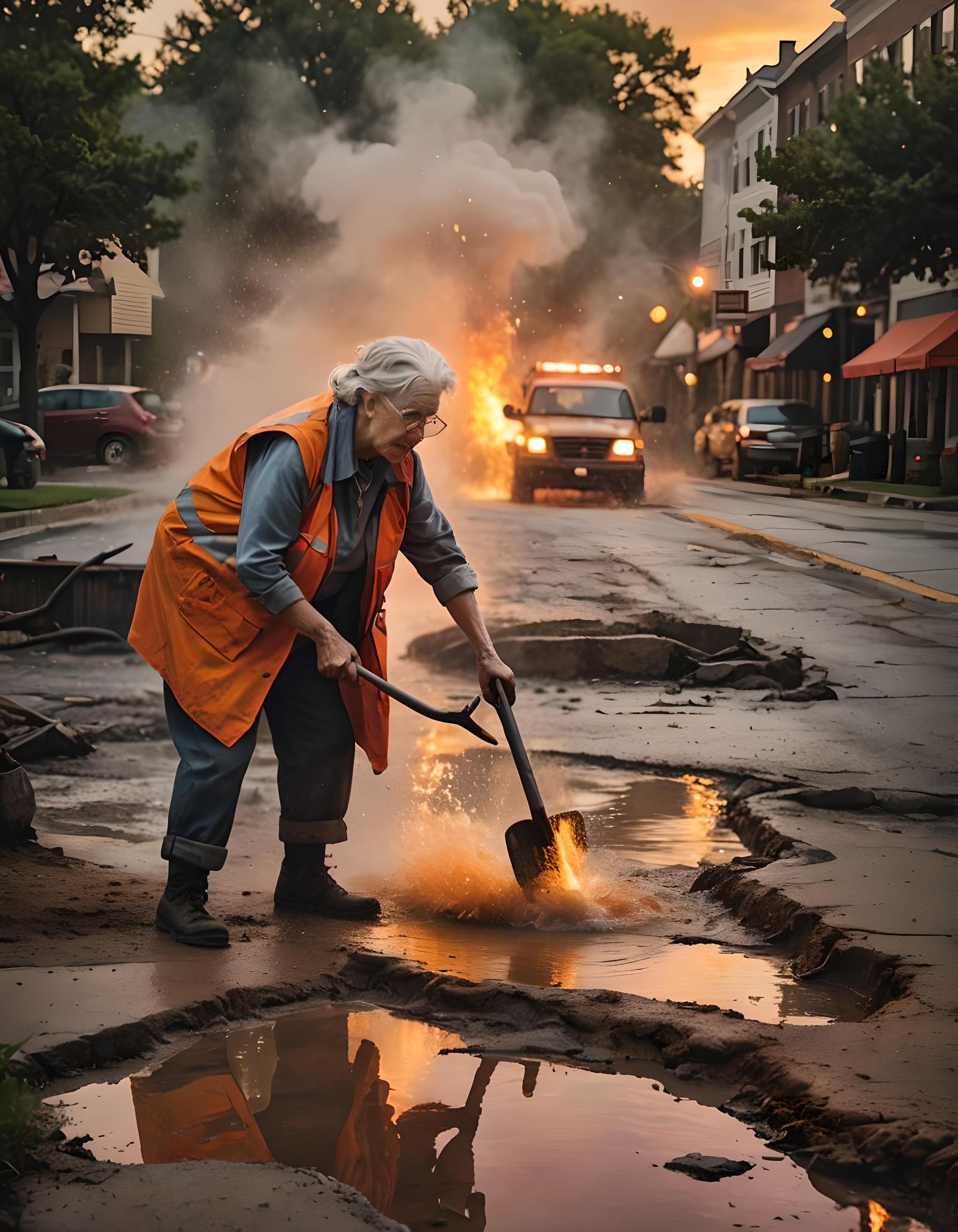 Chaotic City Street Scene with Flood