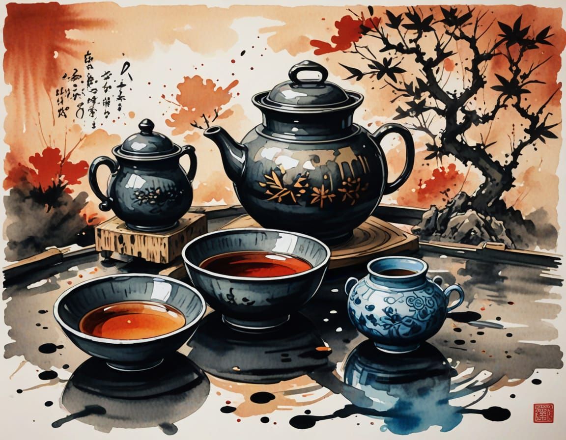 Traditional Japanese Tea House in Vibrant Ink and Watercolor...