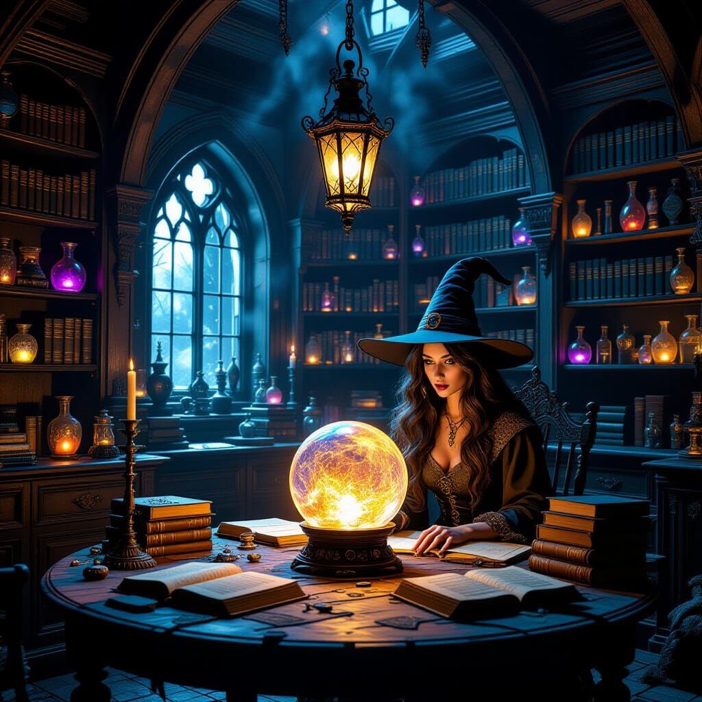 Realistic Witch's Den with Glowing Potions and Crystal Ball