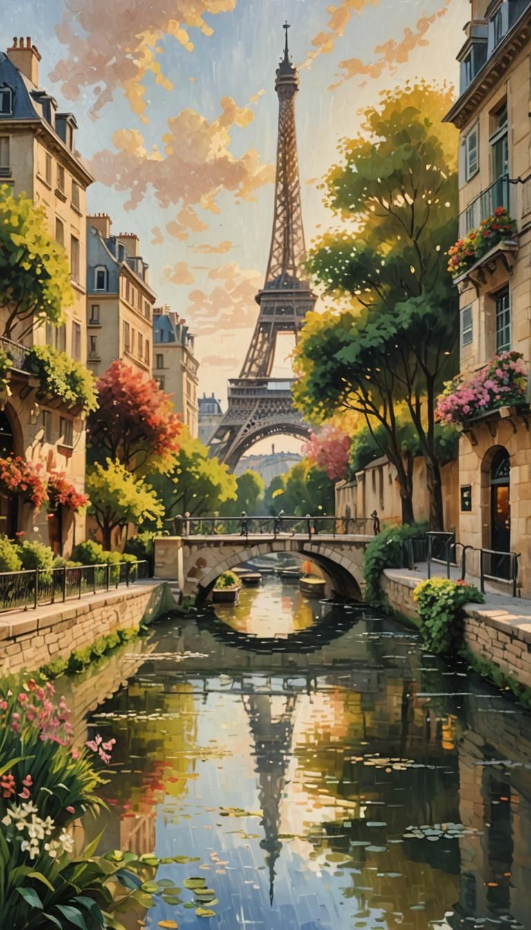 Impressionist Parisian Canal Scene with Eiffel Tower