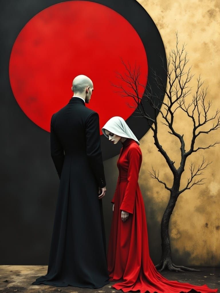 A Dominant Figure Confronts a Subdued Woman in a Bold, Abstr...