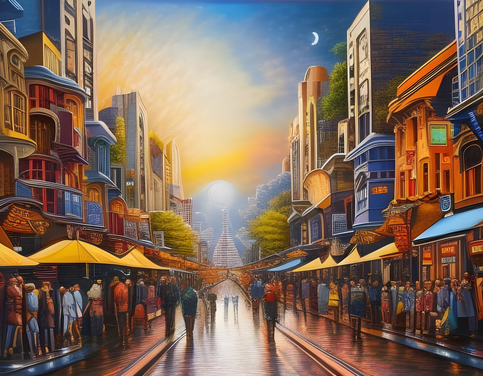 Detailed Polychromatic City Street Visionary Art