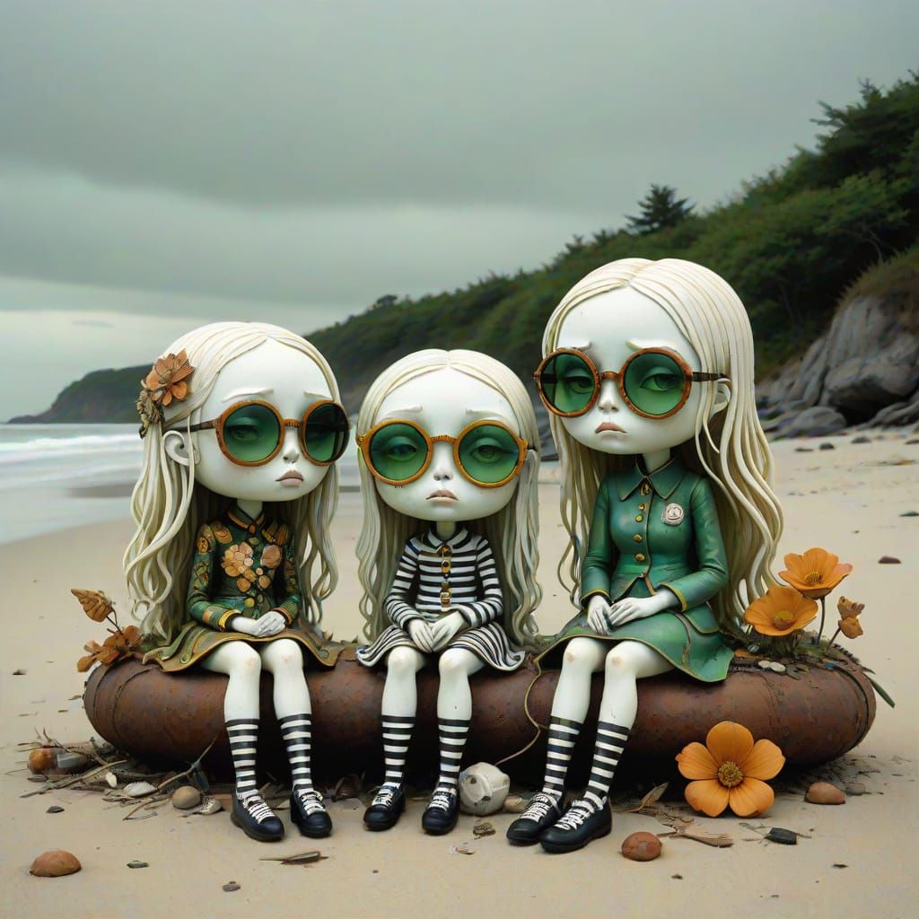 Floral Chibi Ladies in Dystopian Landscape