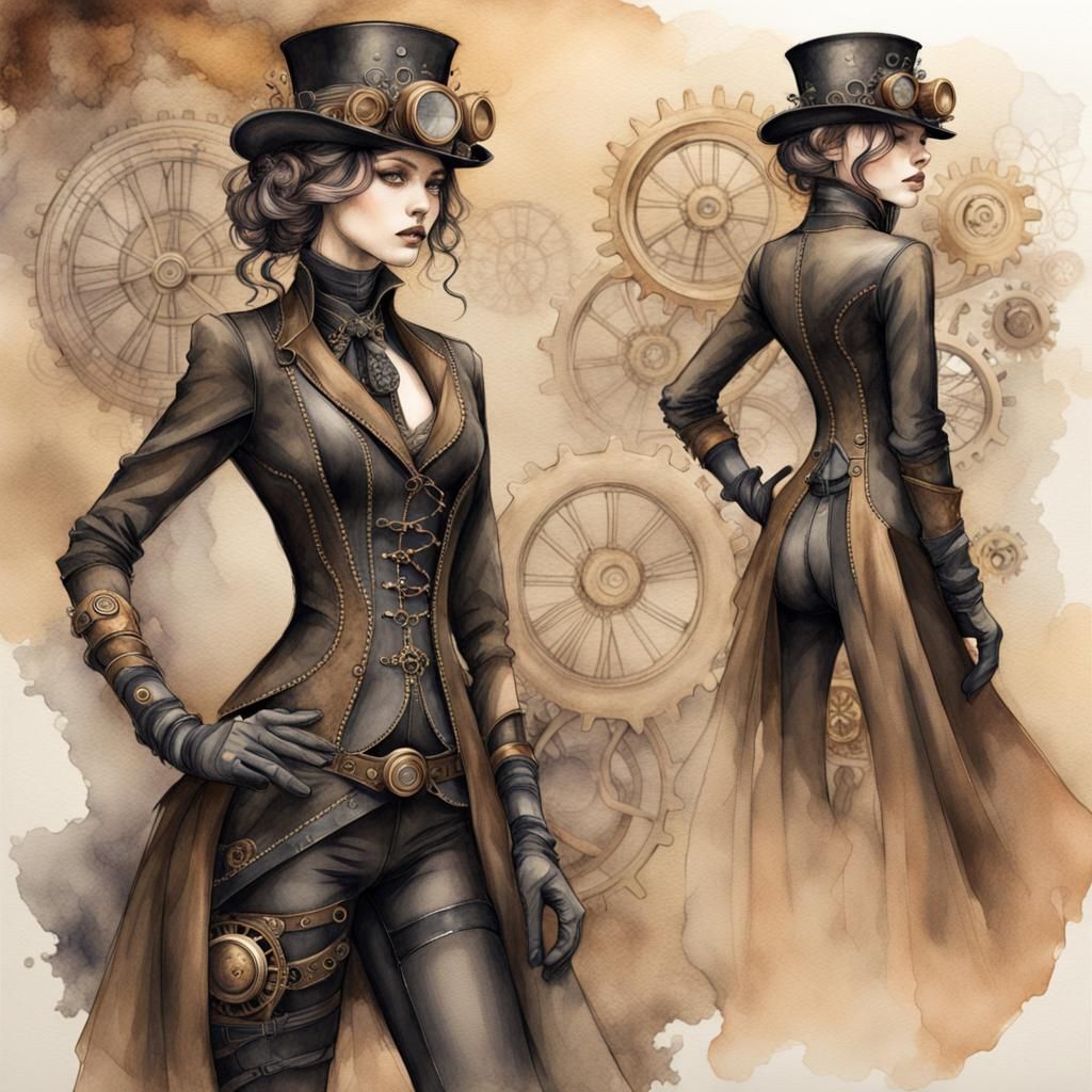 Steampunk Figure in Watercolor Sketch Style