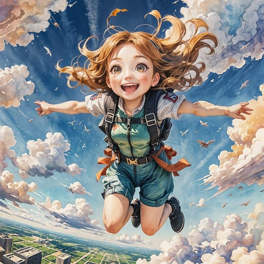 Cute Chibi Girl Skydiving Watercolor Illustration