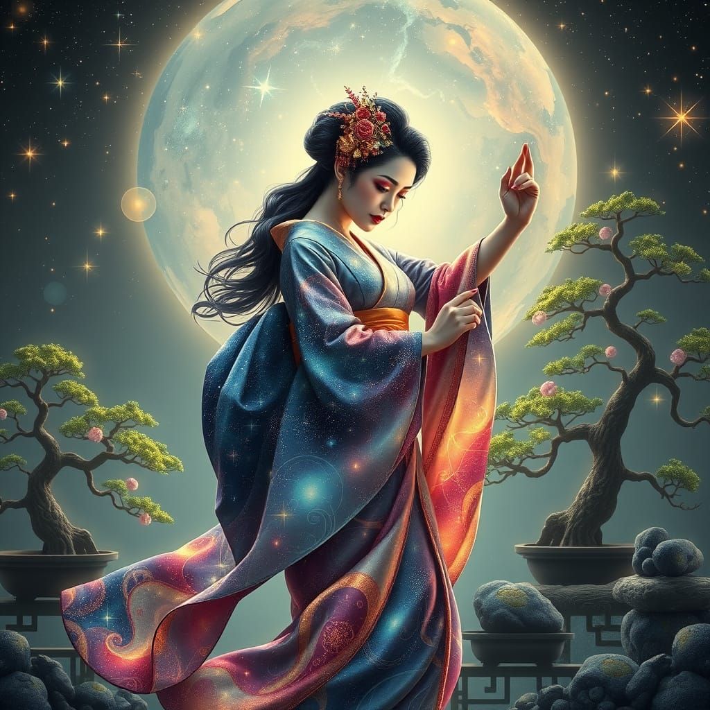 Celestial Geisha Dances in Bioluminescent Bonsai Garden