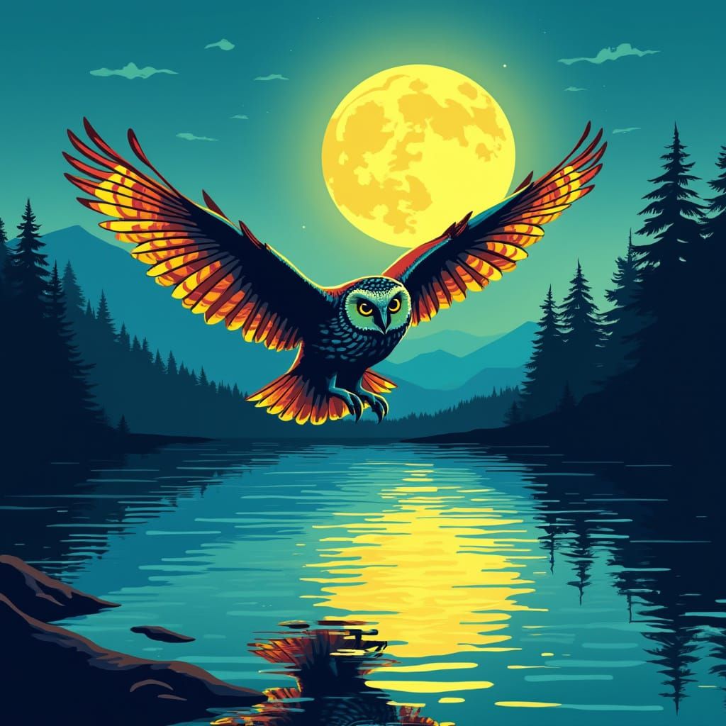Electric Night Owl Soars Under Full Moon