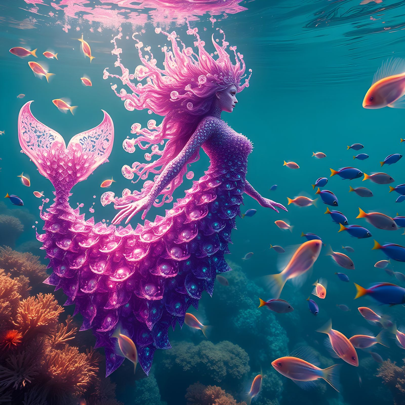 A majestic fractal mermaid formed from a swarm of tiny, luminous magic fractal fish, each scales reflecting iridescent h...