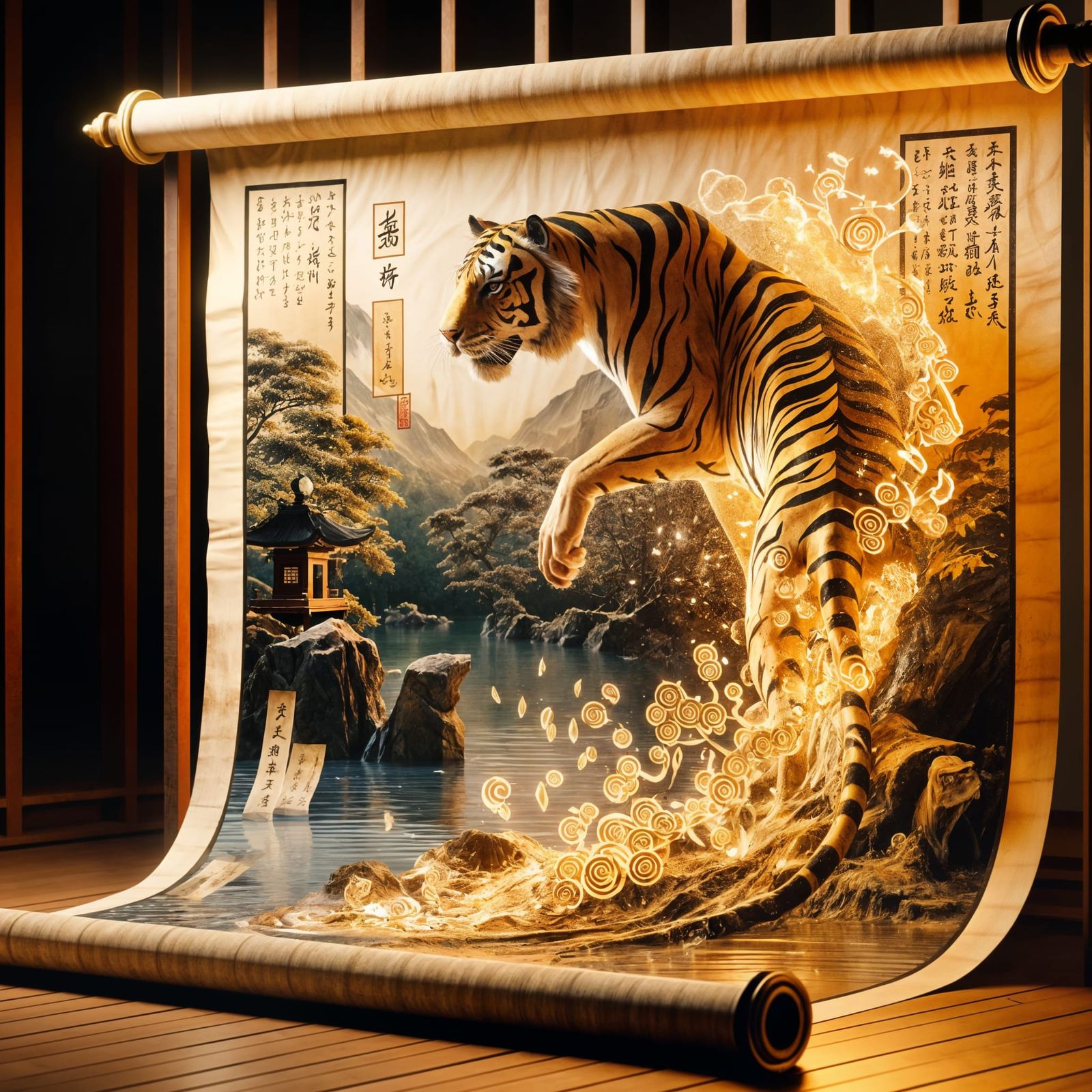 Golden Tiger Emerges from Ukiyo-e Scroll in 3D