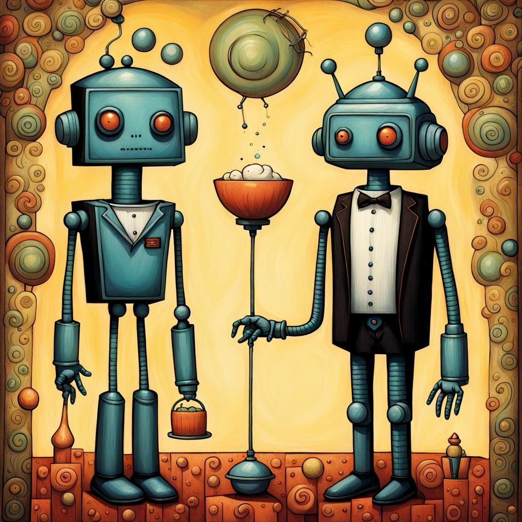 Cute Robot Butler in Art Brut Style