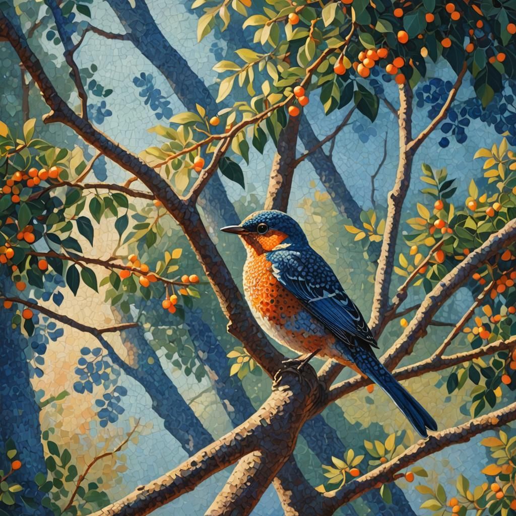 Pointillist Bird on Branch in Dappled Sunlight