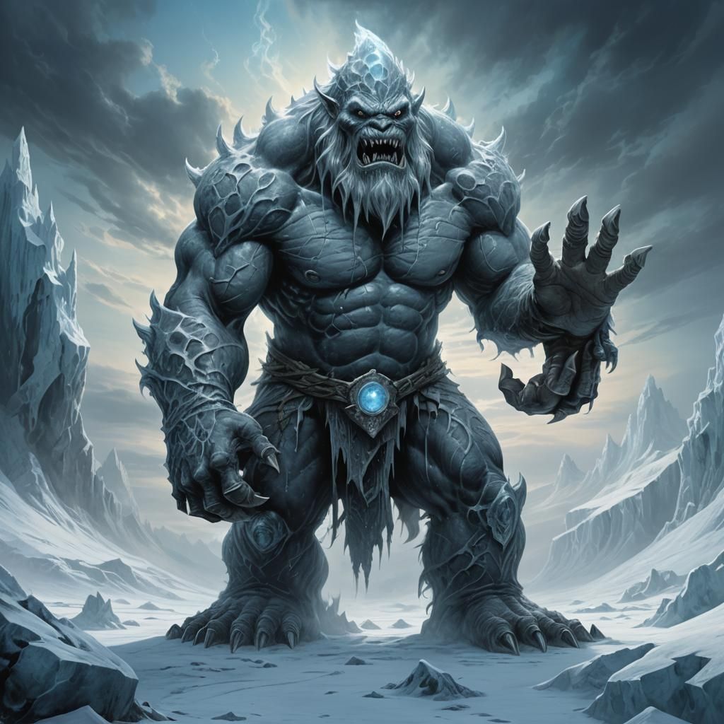 Icy Dark Fantasy Troll in Frozen Landscape