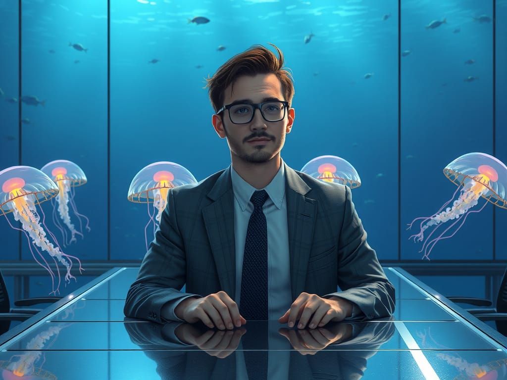 Underwater Meeting with Jellyfish Coworkers in Futuristic St...