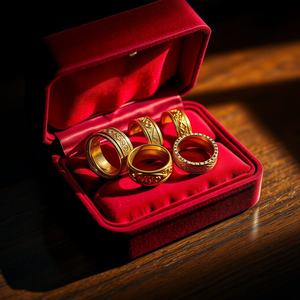 Luxurious Gold Rings on Velvet Jewelry Box