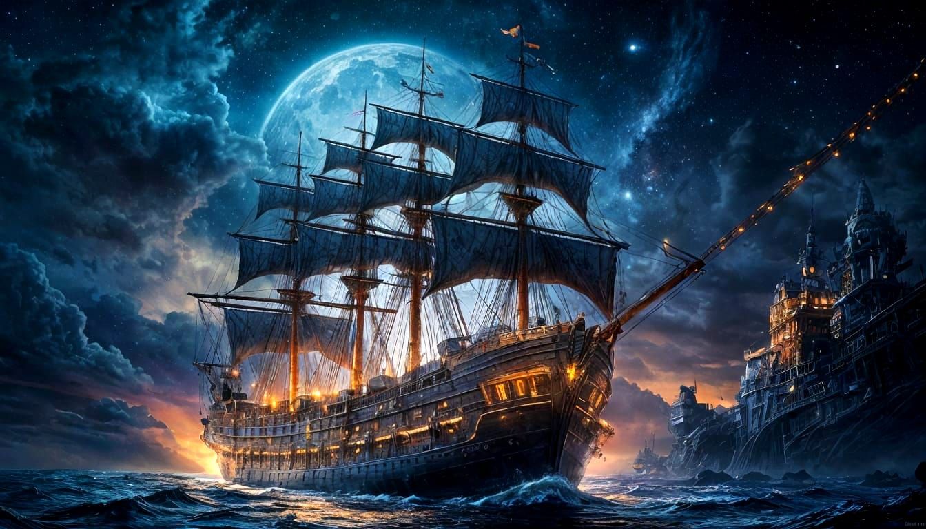 Gothic Galleon Sailing on a Sea of Fire